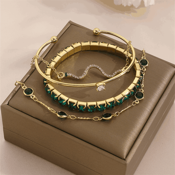 Conjunto De Pulseira Feminina De Serpente Cristal Verde - 4 Peças